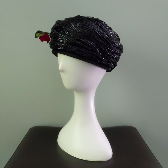 Vintage Jean Pierre Paris New York Shiny Straw Turban Pillbox Hat with Roses - Picture 6 of 9